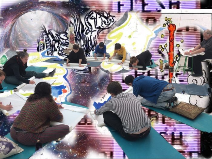 A circle of participants on mats, facing each other, scribbling on large pieces of paper. The background of this image is layered with fragments of cosmos, ace of wands, and tv screen with text on, vibrant colours merging into each other.