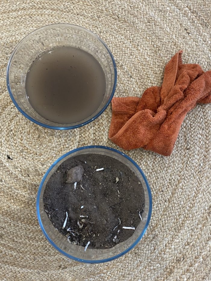 A close up of two small glass bowls - one filled with soil and the other one with water - and a small orange towel over a straw rug